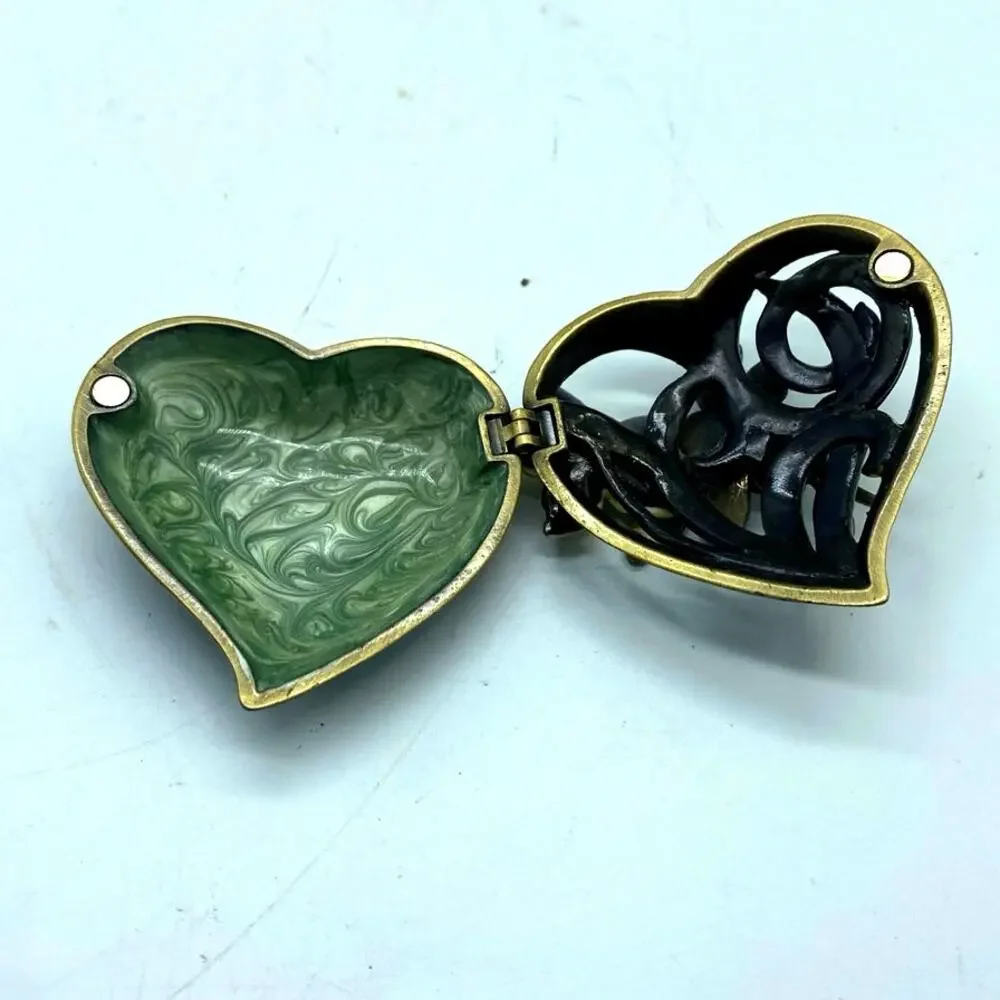 Green Heart‎ Shaped Trinket Box Dragonflies and Flower Enameled Rhinestones